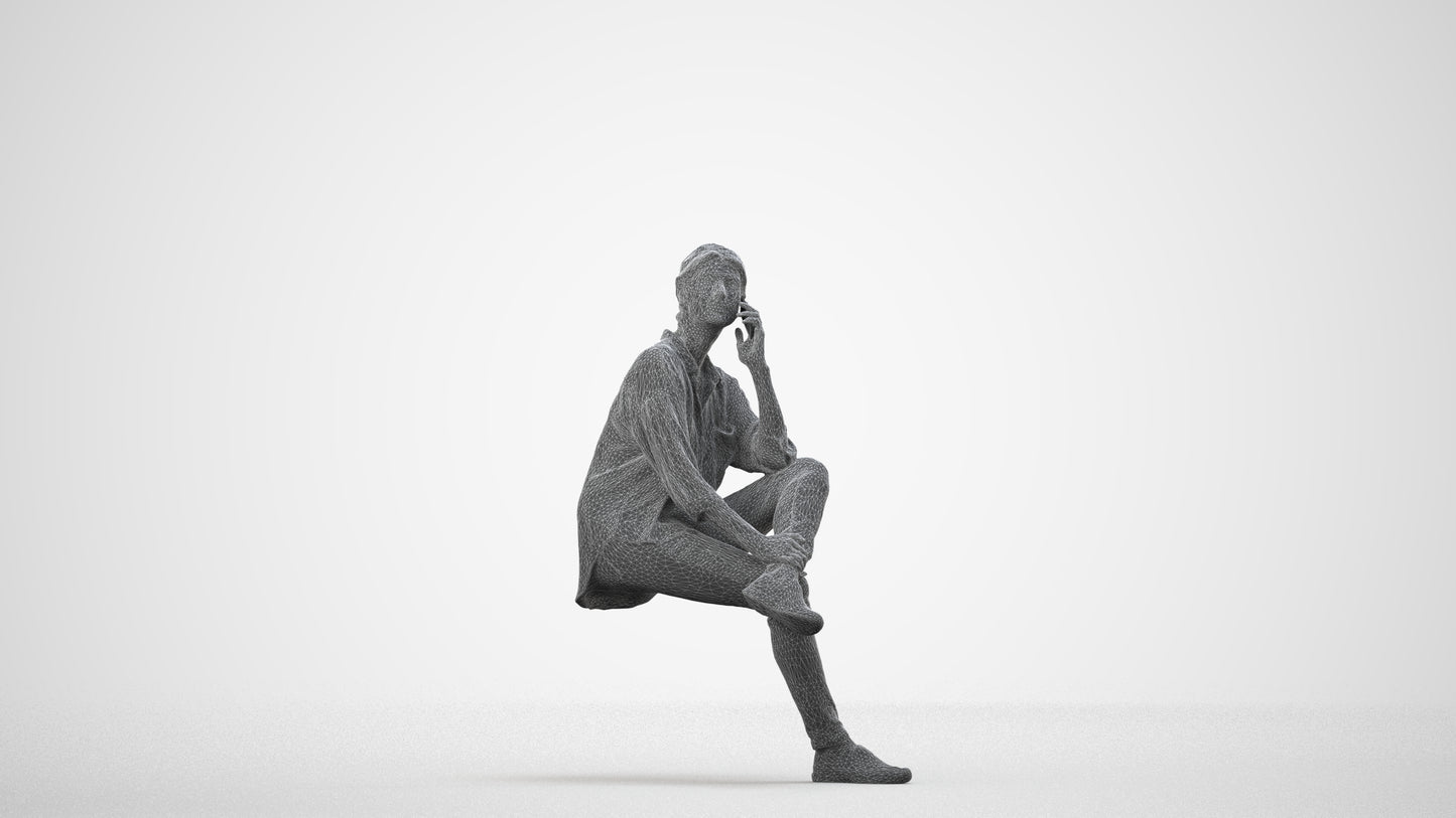 scanned 3D woman casual sitting, photogrammetry people for Enscape and V-Ray, wireframe side view