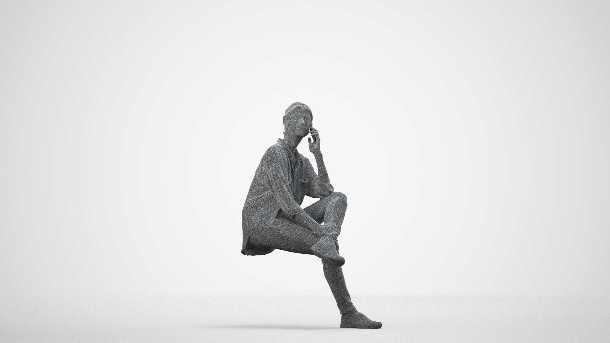 scanned 3D woman casual sitting, photogrammetry people for Enscape and V-Ray, wireframe side view