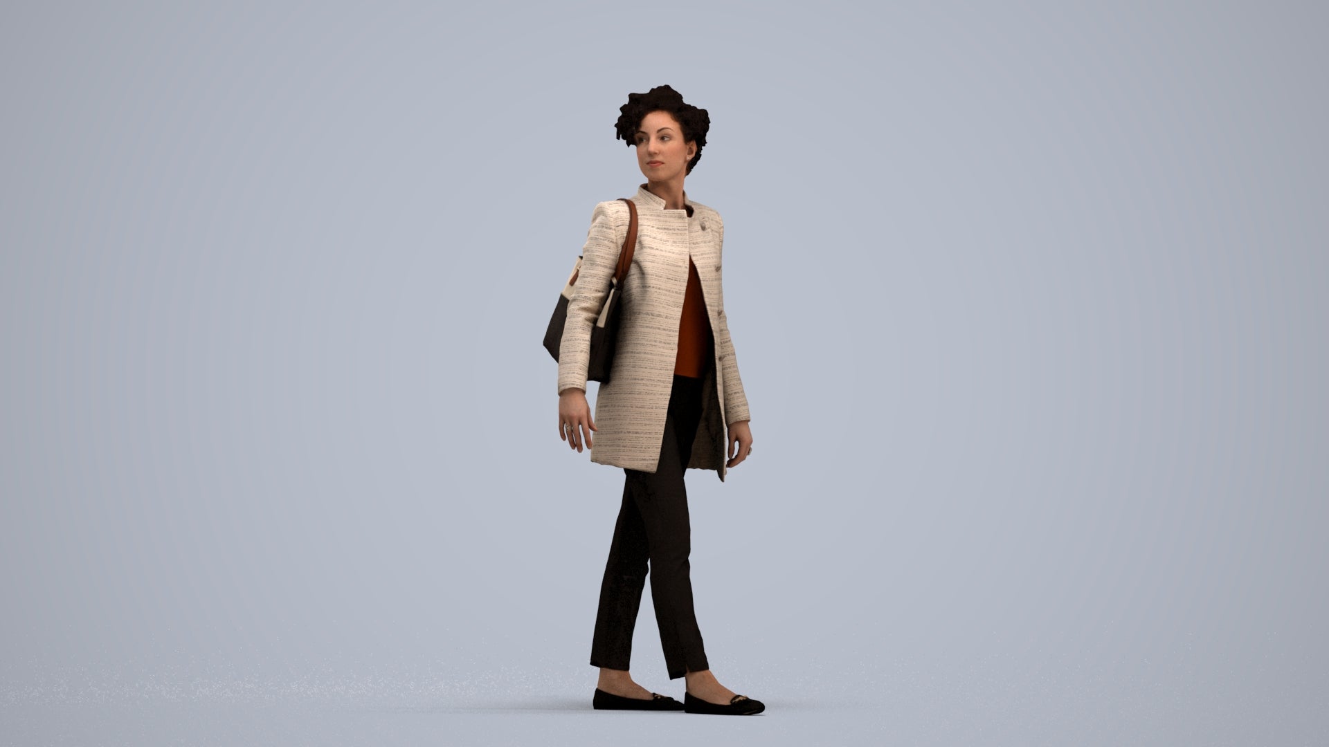 3D human model woman business walking, photogrammetry scanned person for archviz, standing pose render