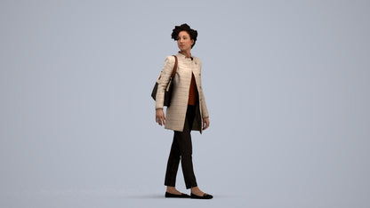 3D human model woman business walking, photogrammetry scanned person for archviz, standing pose render