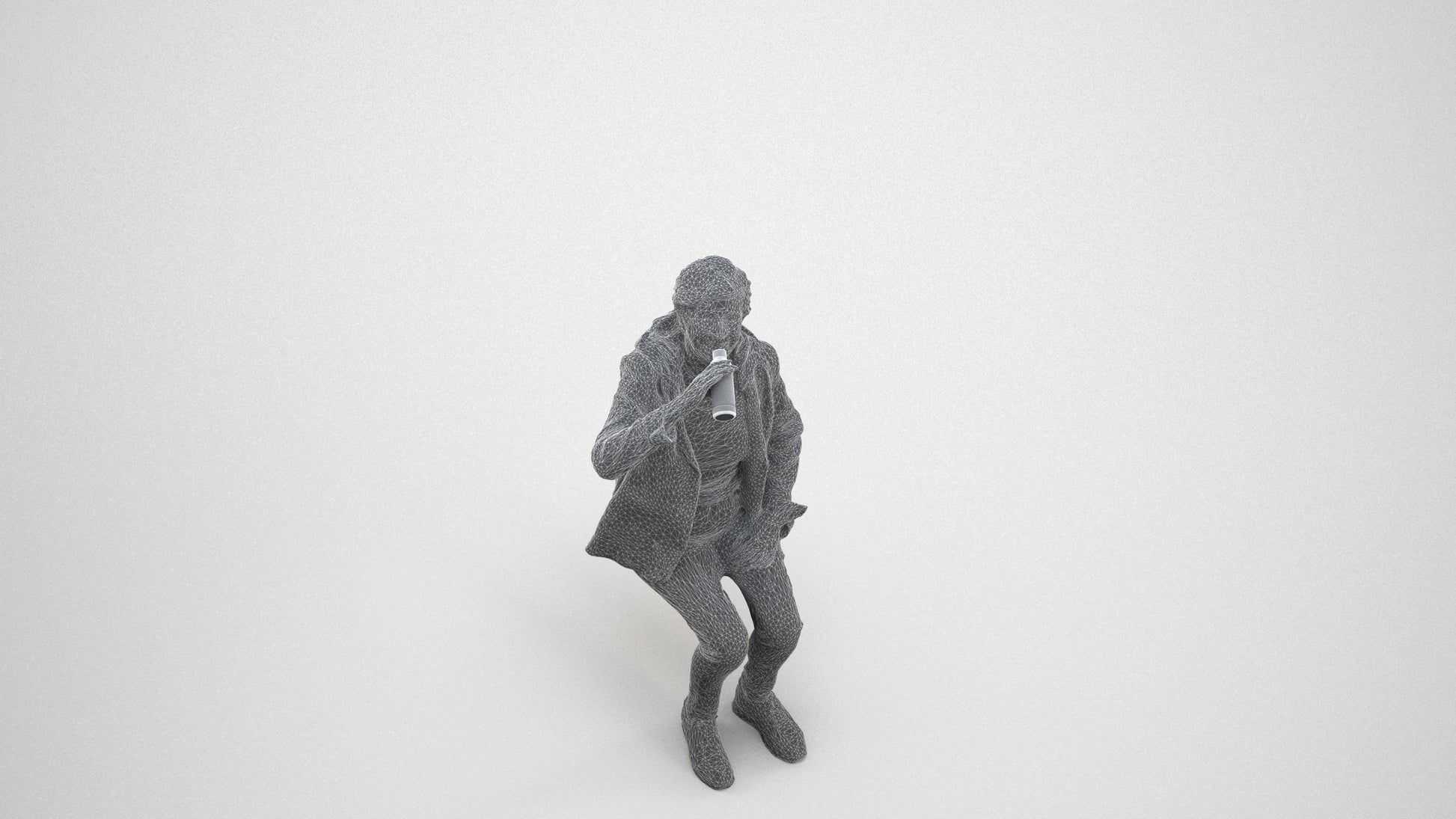 photogrammetry 3D senior girl casual sitting, realistic human model archviz FBX, wireframe three-quarter view