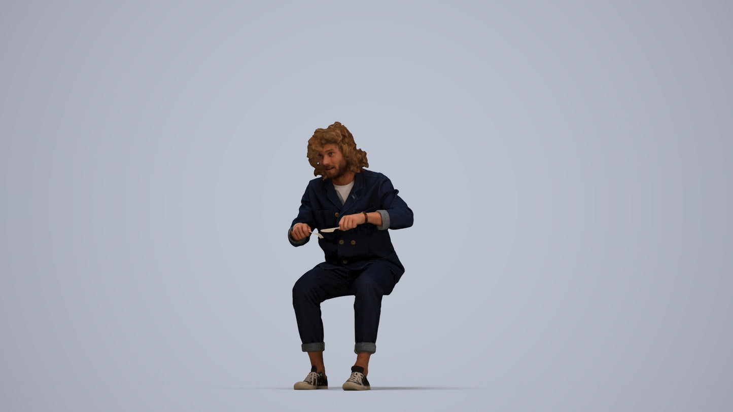 realistic 3D man casual sitting, scanned archviz people for Blender and 3ds Max, top-down view render