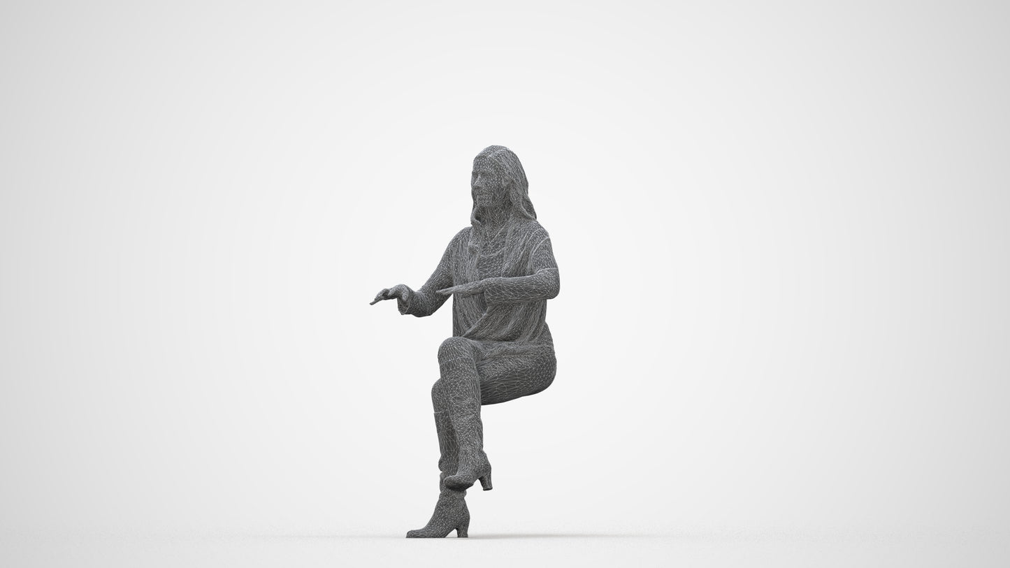 realistic 3D human woman casual sitting, archviz people FBX OBJ for Blender, wireframe back view