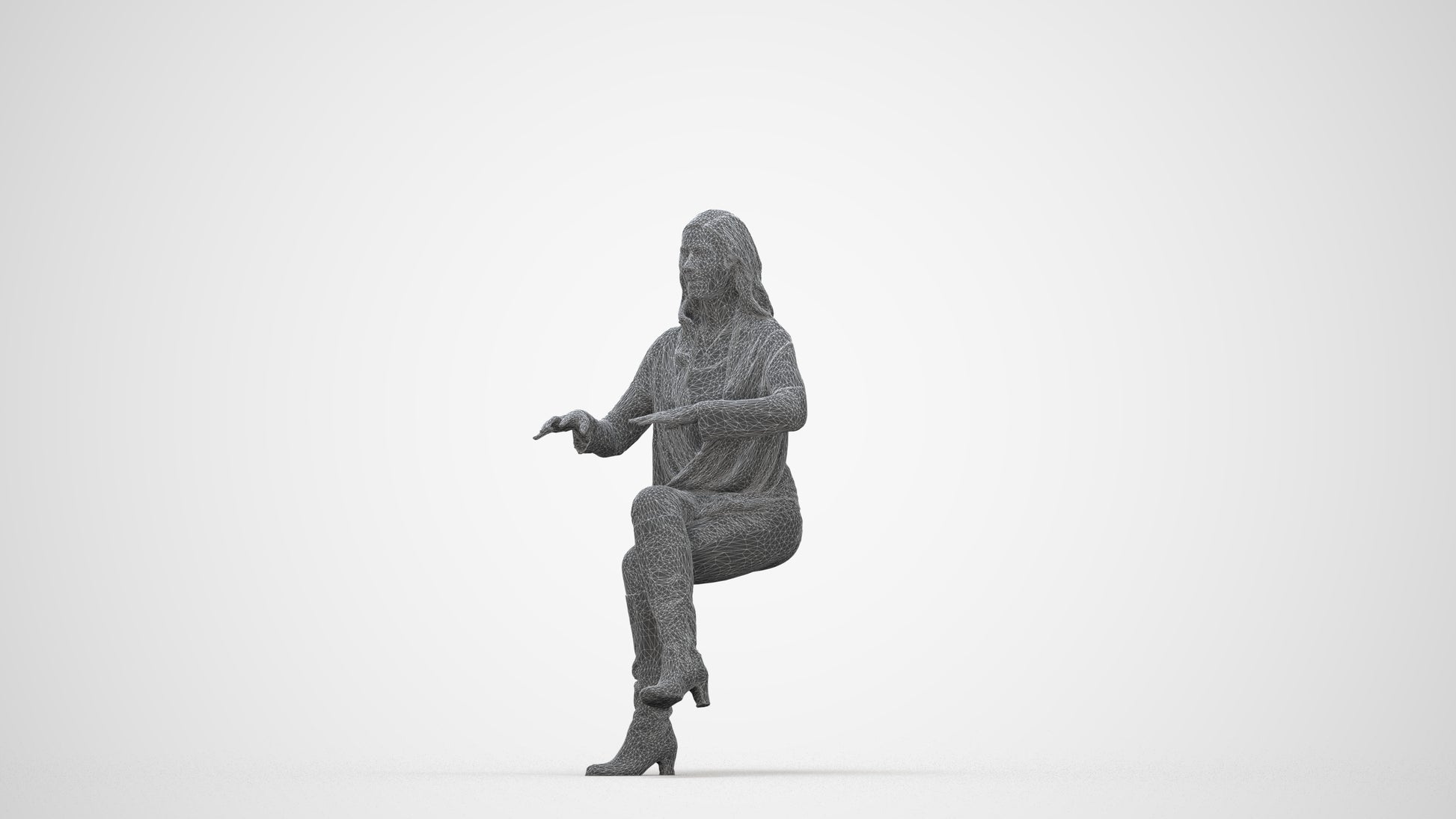 realistic 3D human woman casual sitting, archviz people FBX OBJ for Blender, wireframe back view