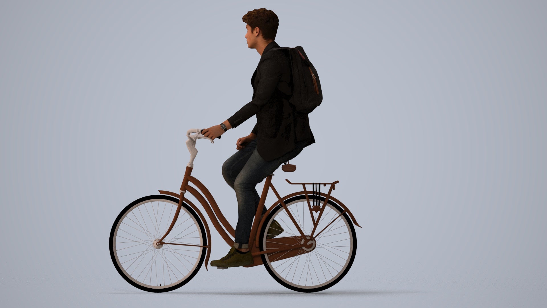realistic 3D man casual cycling, scanned archviz people for Blender and 3ds Max, three-quarter view render