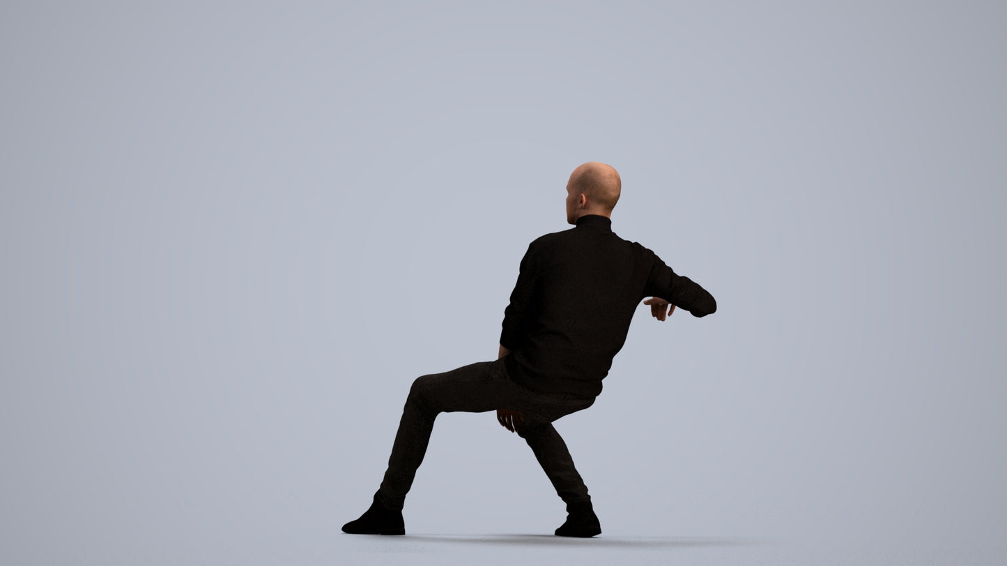 3D human model man casual sitting, photogrammetry scanned person for archviz, front view render