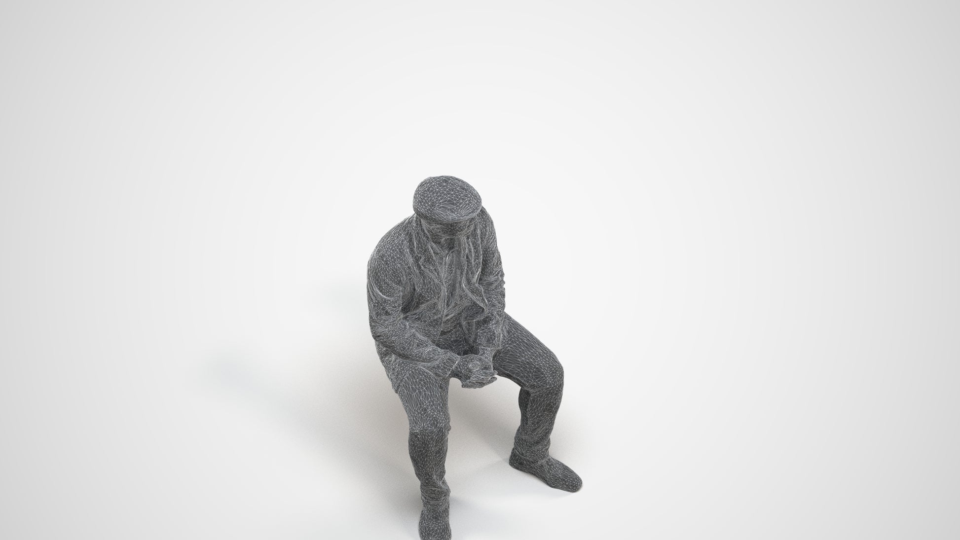 3D people model man casual sitting, scanned human for 3ds Max rendering, wireframe three-quarter view