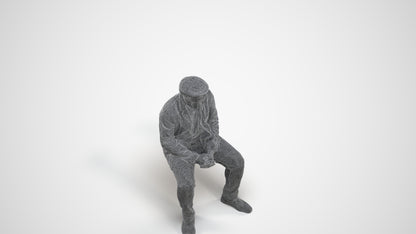 3D people model man casual sitting, scanned human for 3ds Max rendering, wireframe three-quarter view