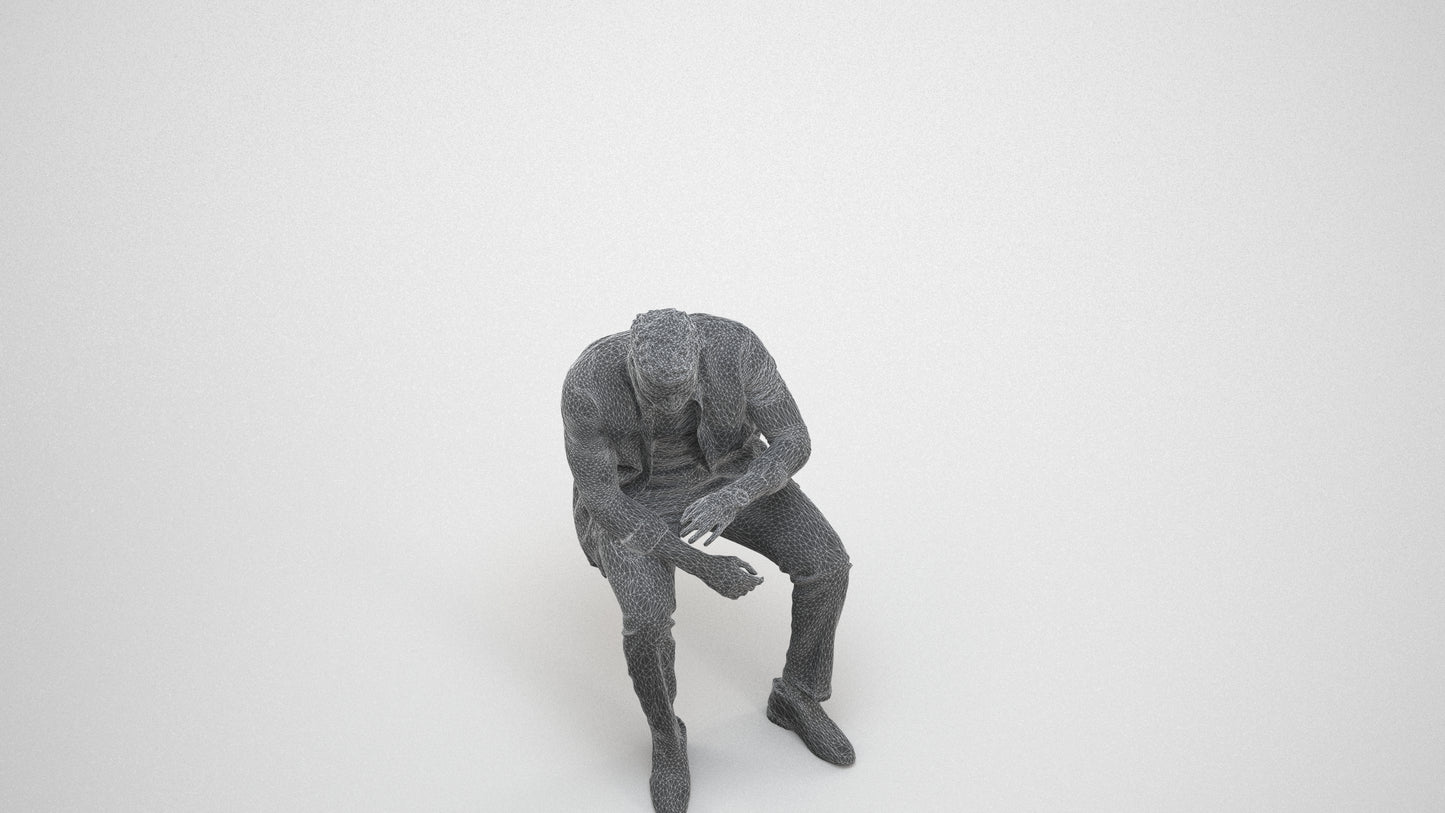3D human model man casual sitting, photogrammetry scanned person for archviz, wireframe three-quarter view