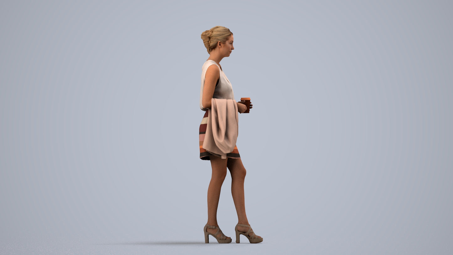 realistic 3D woman business walking, scanned archviz people for Blender and 3ds Max, side view render