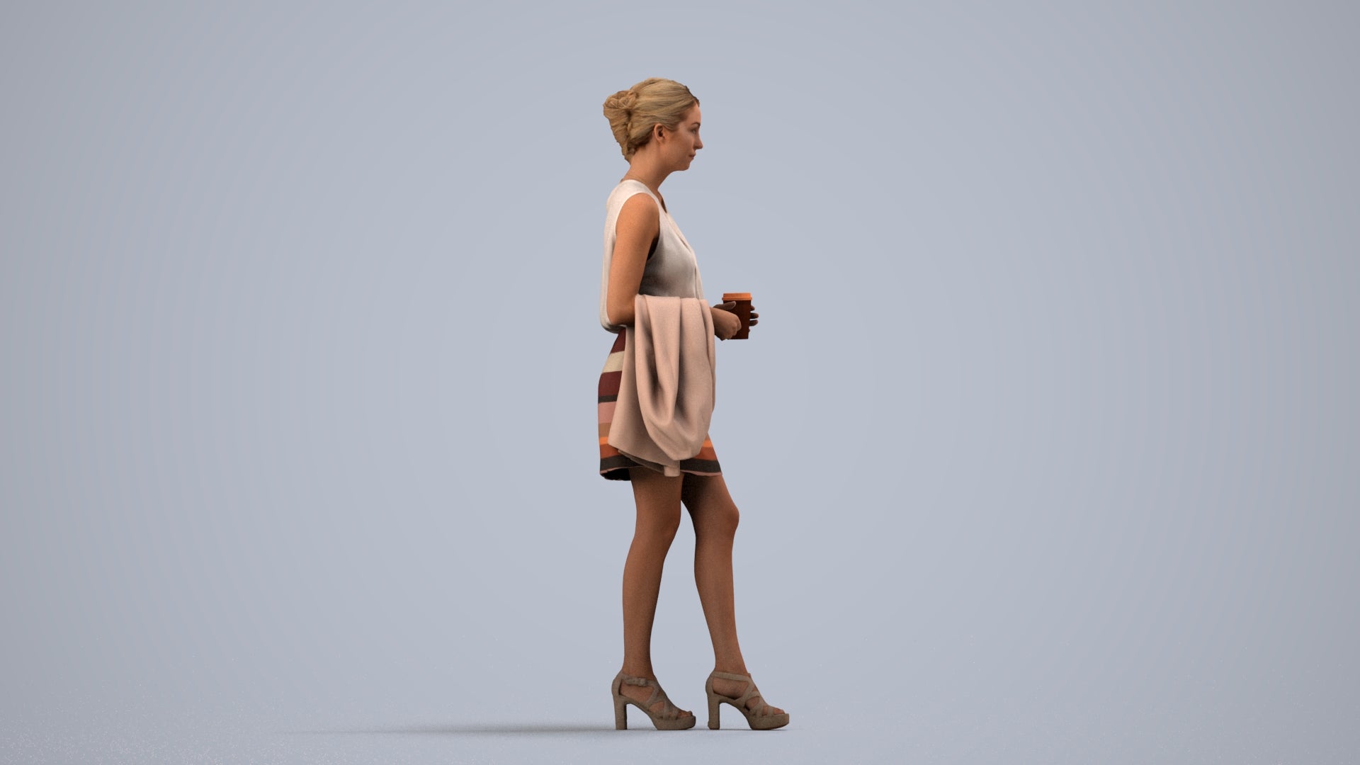 realistic 3D woman business walking, scanned archviz people for Blender and 3ds Max, side view render