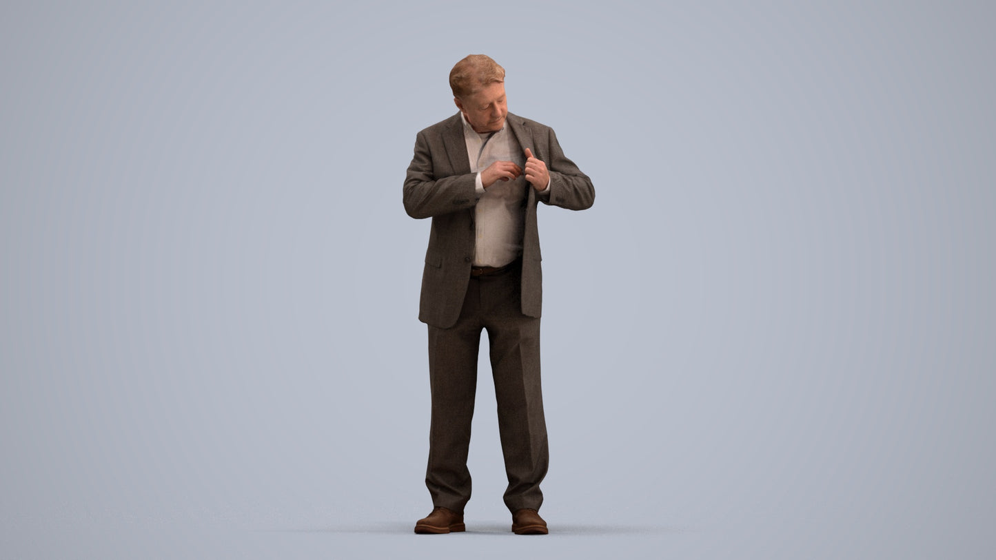 realistic 3D senior man business standing, scanned archviz people for Blender and 3ds Max, standing pose render