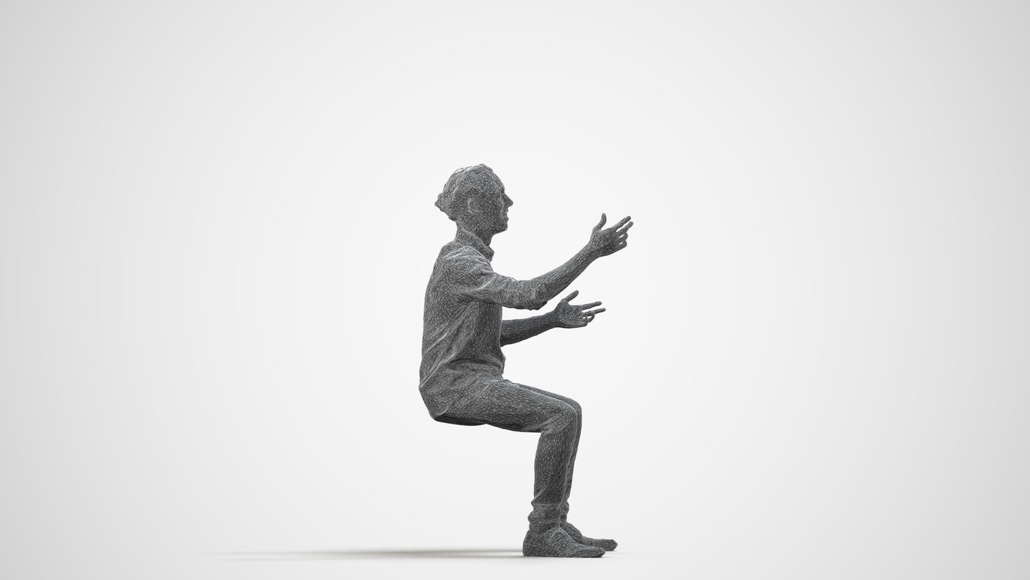 realistic 3D man casual sitting, scanned archviz people for Blender and 3ds Max, wireframe side view