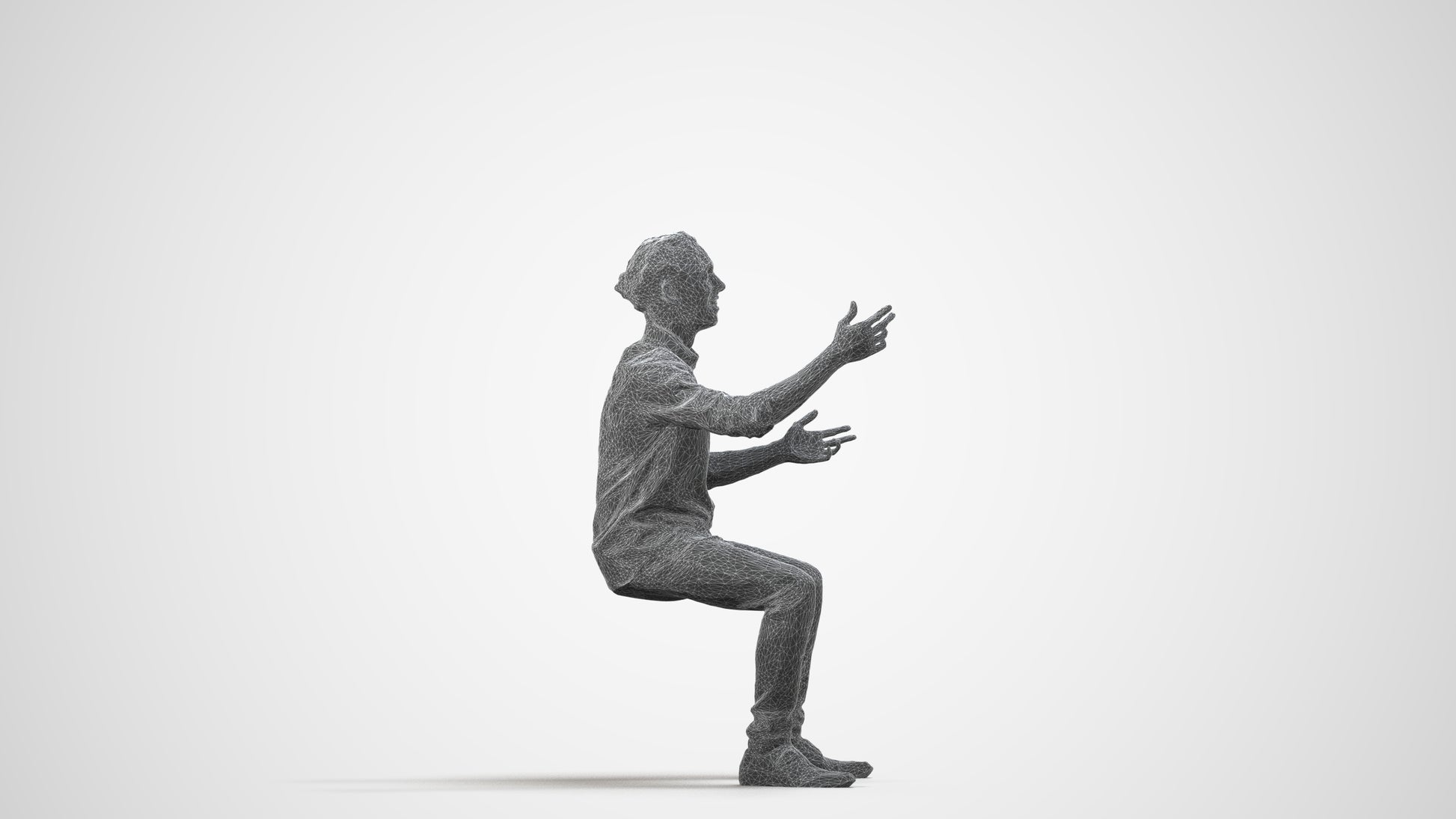 realistic 3D man casual sitting, scanned archviz people for Blender and 3ds Max, wireframe side view