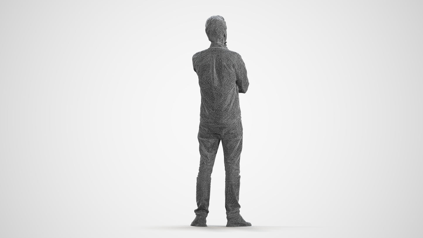 3D scanned man standing casual, photorealistic archviz people for Enscape and SketchUp, wireframe front view