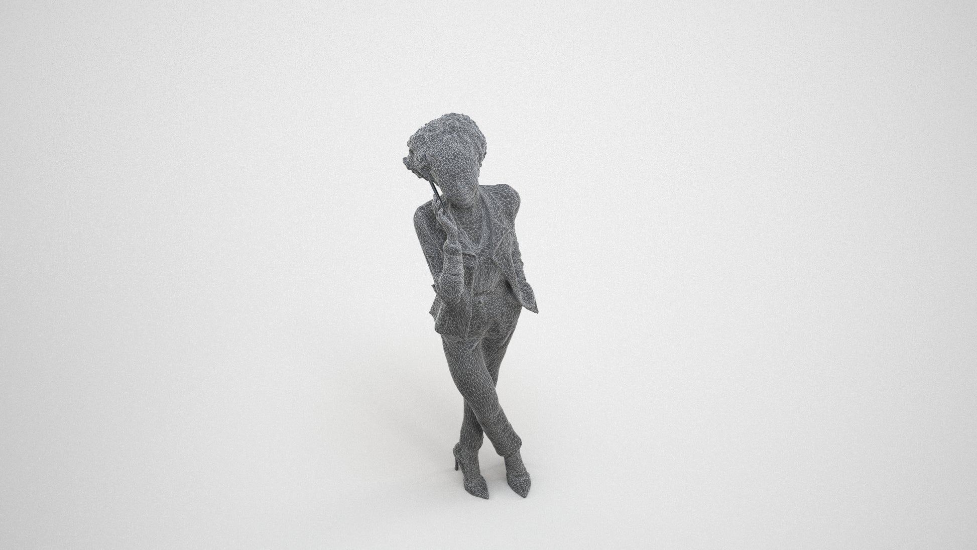 realistic 3D woman business standing, scanned archviz people for Blender and 3ds Max, wireframe three-quarter view