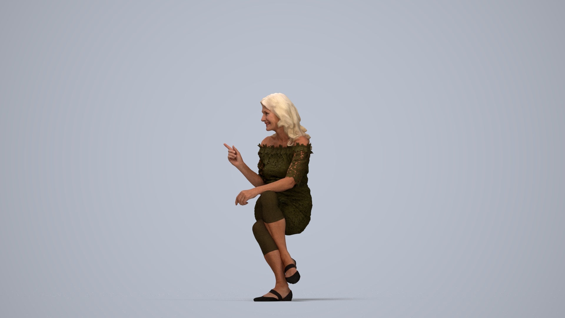 3D human model senior woman casual sitting, photogrammetry scanned person for archviz, top-down view render