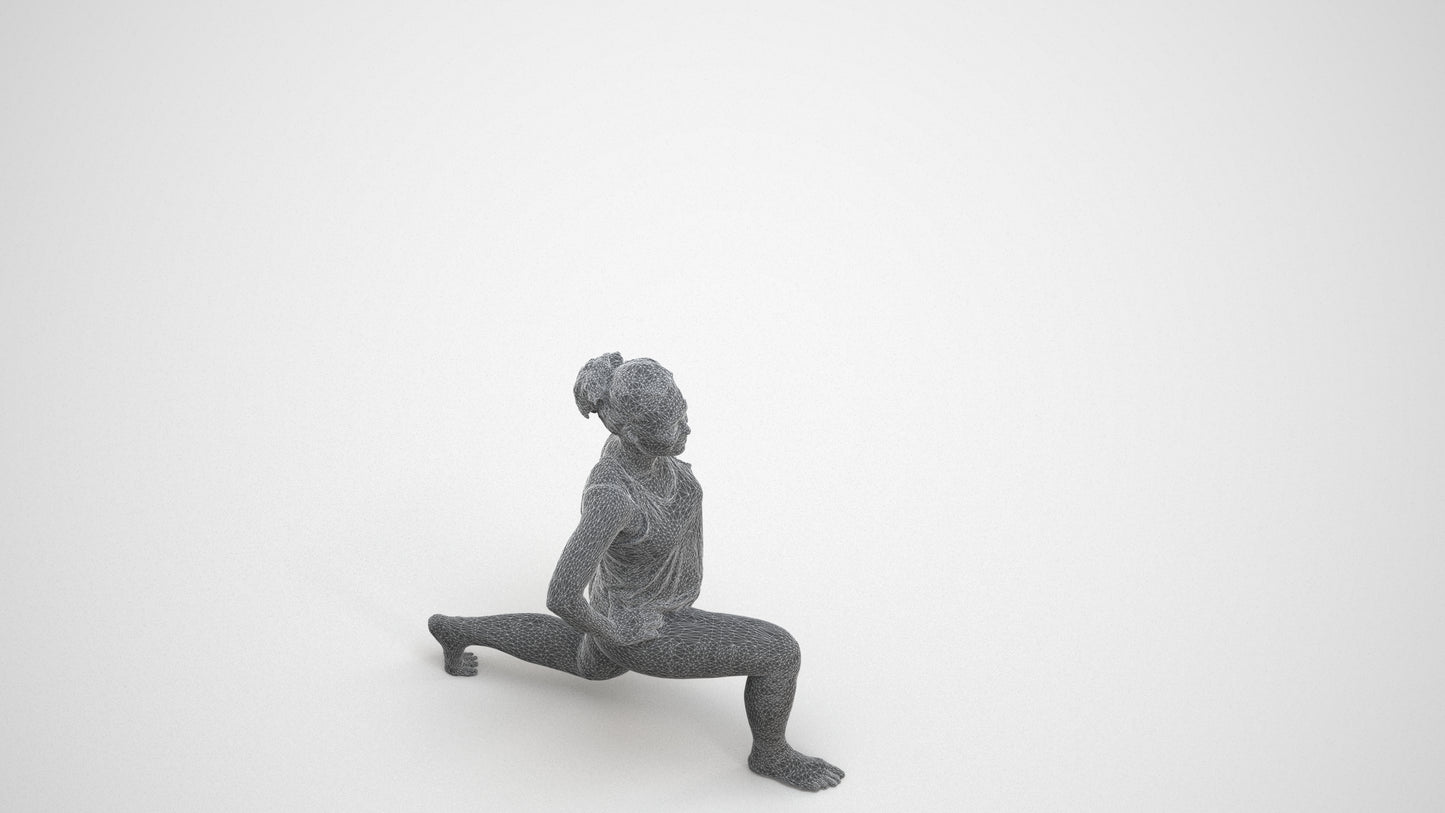 3D human model woman sport, photogrammetry scanned person for archviz, wireframe three-quarter view
