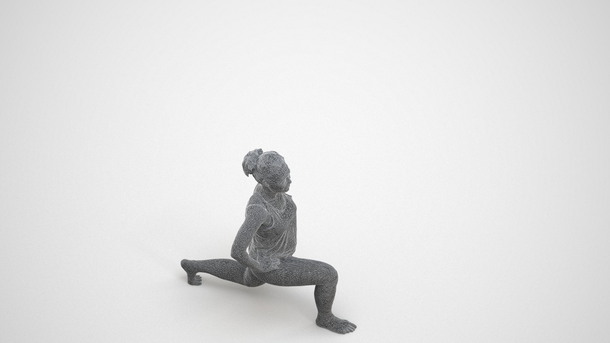 3D human model woman sport, photogrammetry scanned person for archviz, wireframe three-quarter view