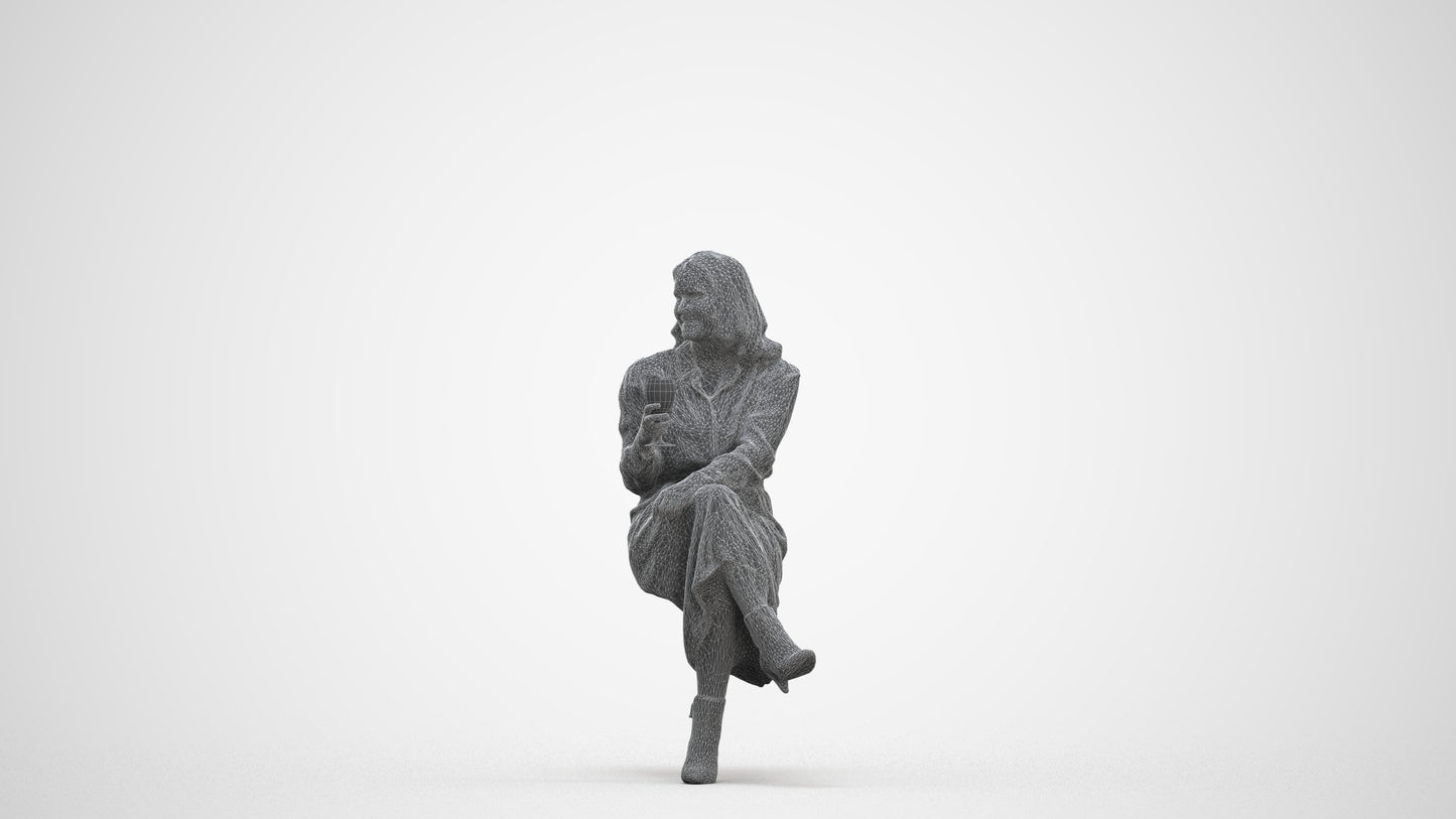 photogrammetry 3D woman casual sitting, realistic human model archviz FBX, three-quarter front view render