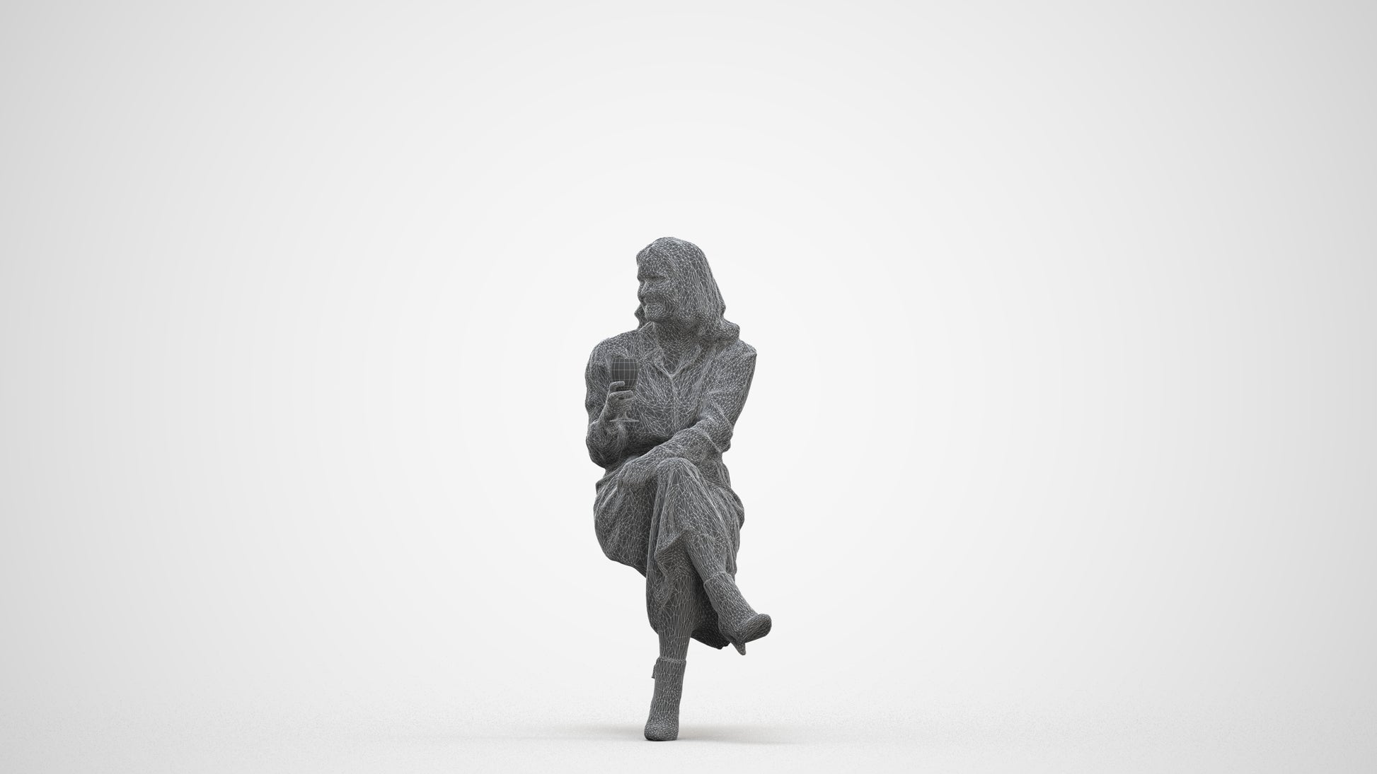 photogrammetry 3D woman casual sitting, realistic human model archviz FBX, three-quarter front view render