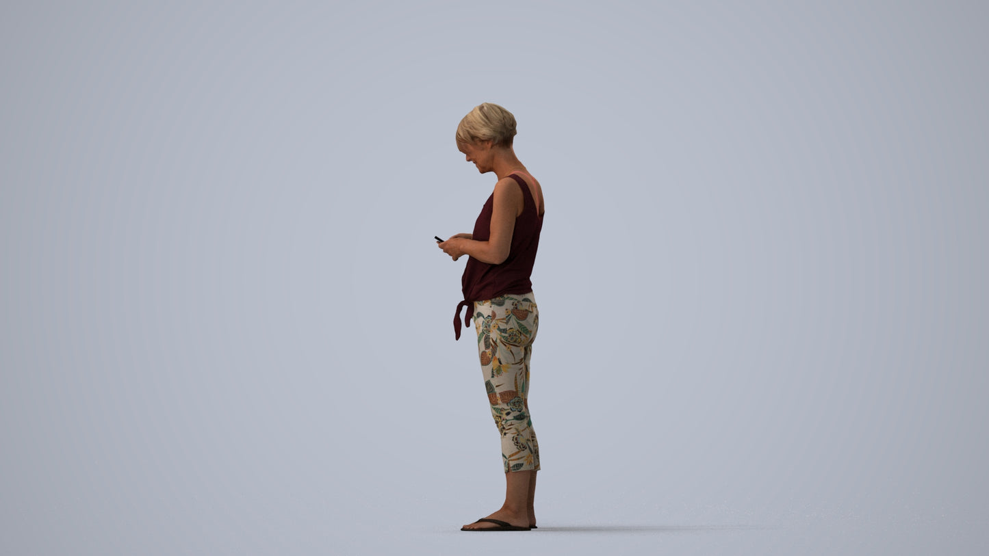 scanned 3D senior woman standing, photogrammetry people for Enscape and V-Ray, three-quarter view render