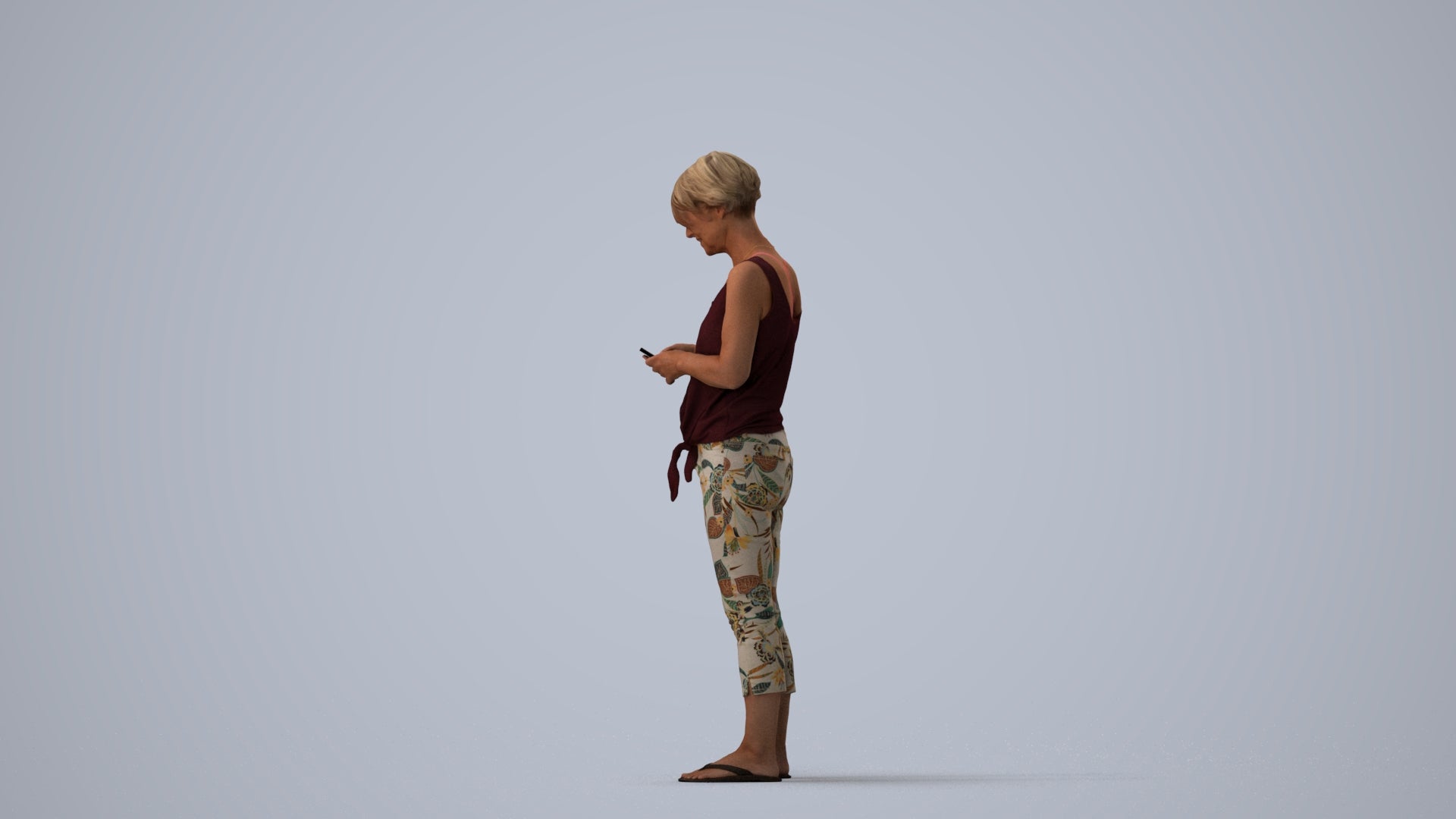 scanned 3D senior woman standing, photogrammetry people for Enscape and V-Ray, three-quarter view render