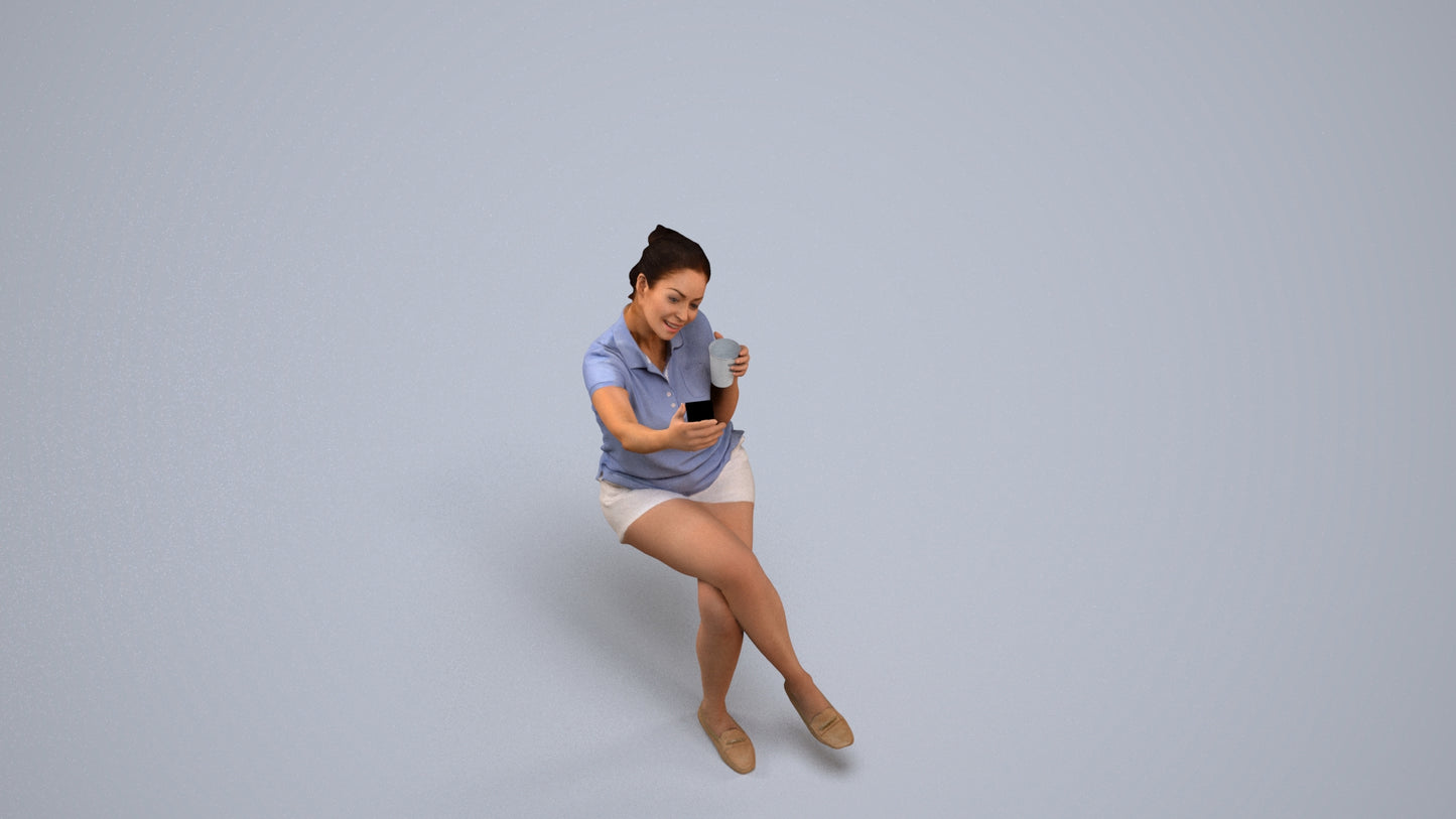realistic 3D human woman casual sitting, archviz people FBX OBJ for Blender, back view render