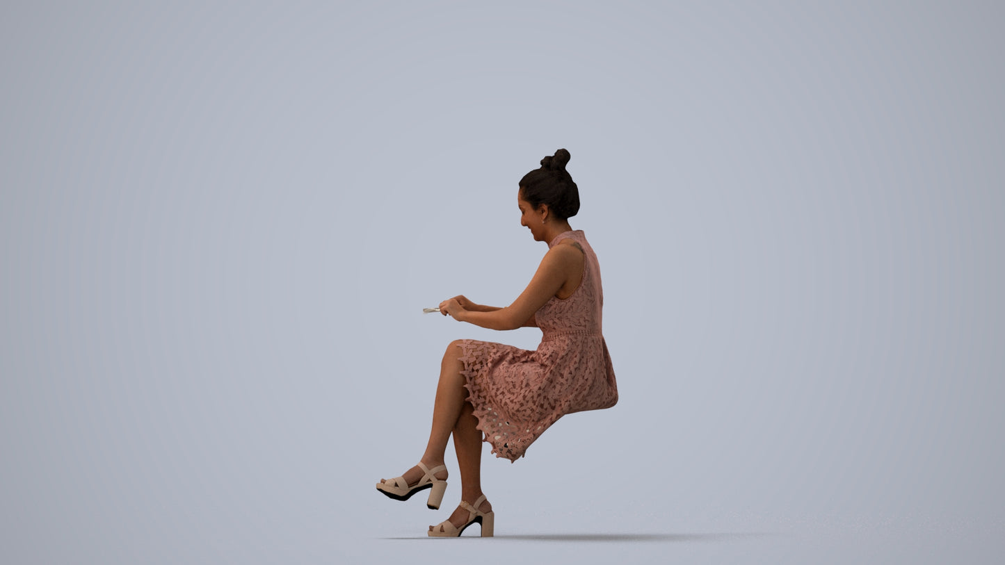 realistic 3D woman formal sitting, scanned archviz people for Blender and 3ds Max, three-quarter view render