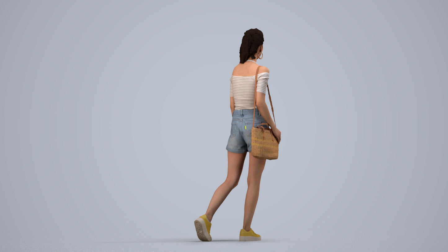 realistic 3D human woman casual walking, archviz people FBX OBJ for Blender, side view render