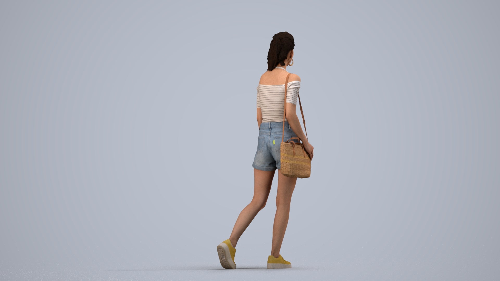 realistic 3D human woman casual walking, archviz people FBX OBJ for Blender, side view render