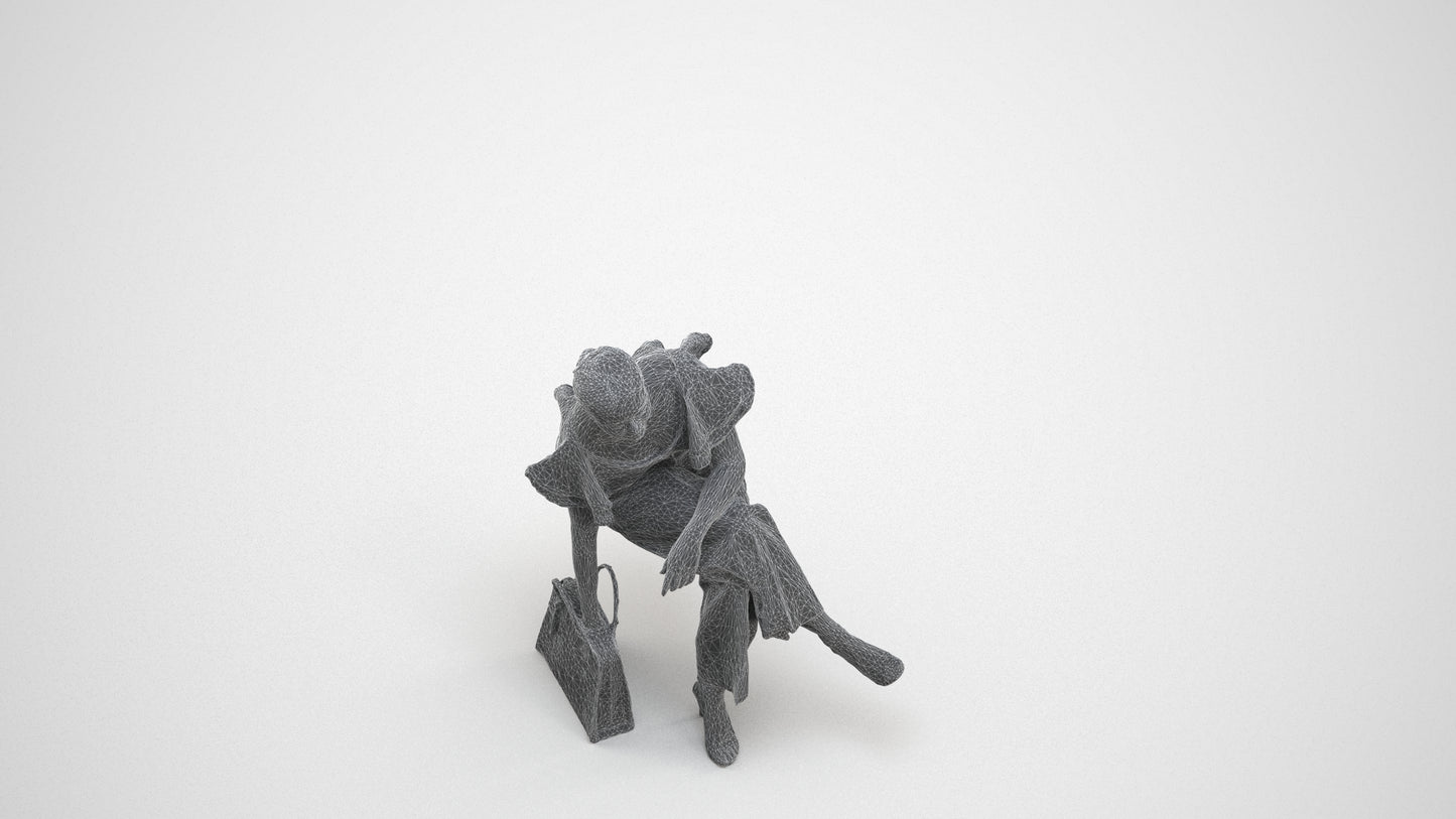 realistic 3D human woman casual sitting, archviz people FBX OBJ for Blender, wireframe three-quarter view
