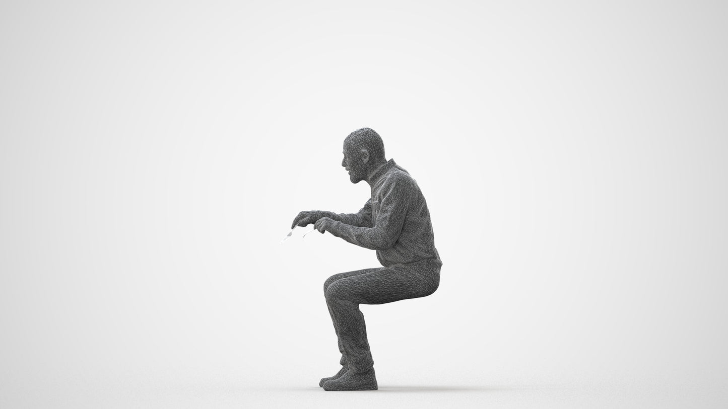 3D human model senior man casual sitting, photogrammetry scanned person for archviz, square thumbnail