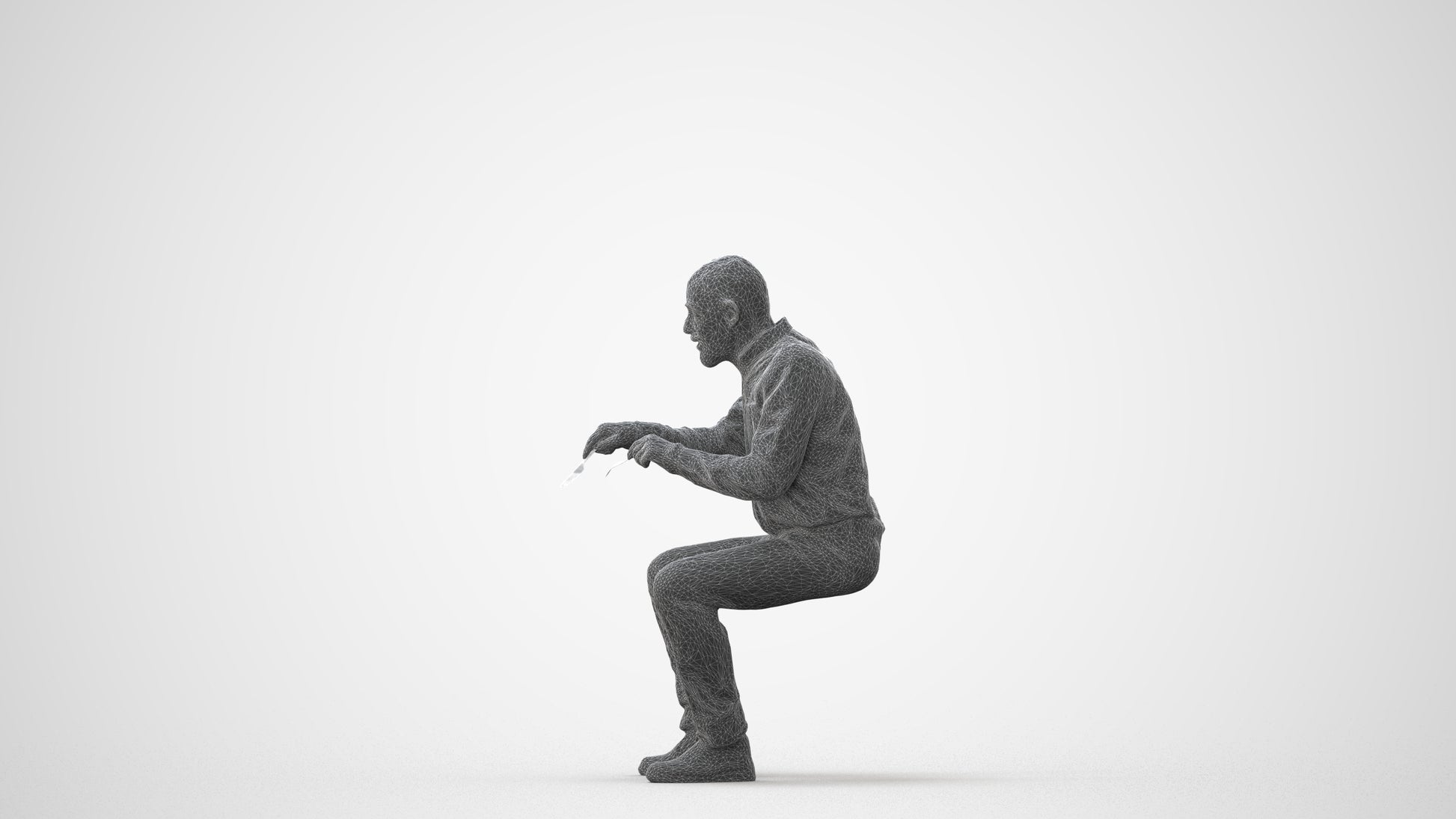3D human model senior man casual sitting, photogrammetry scanned person for archviz, square thumbnail