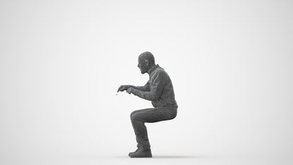 3D human model senior man casual sitting, photogrammetry scanned person for archviz, square thumbnail
