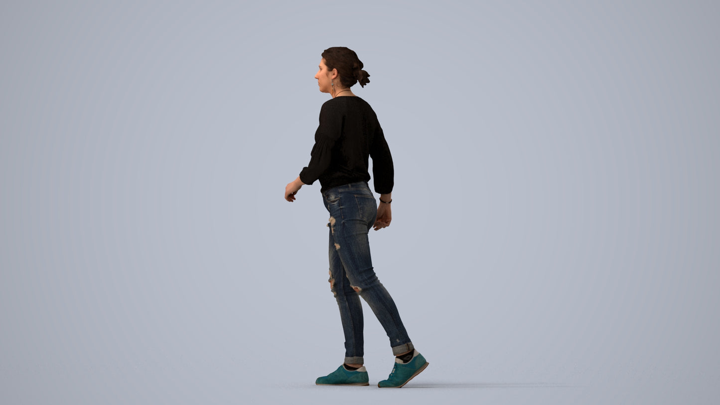 realistic 3D human woman casual walking, archviz people FBX OBJ for Blender, three-quarter view render