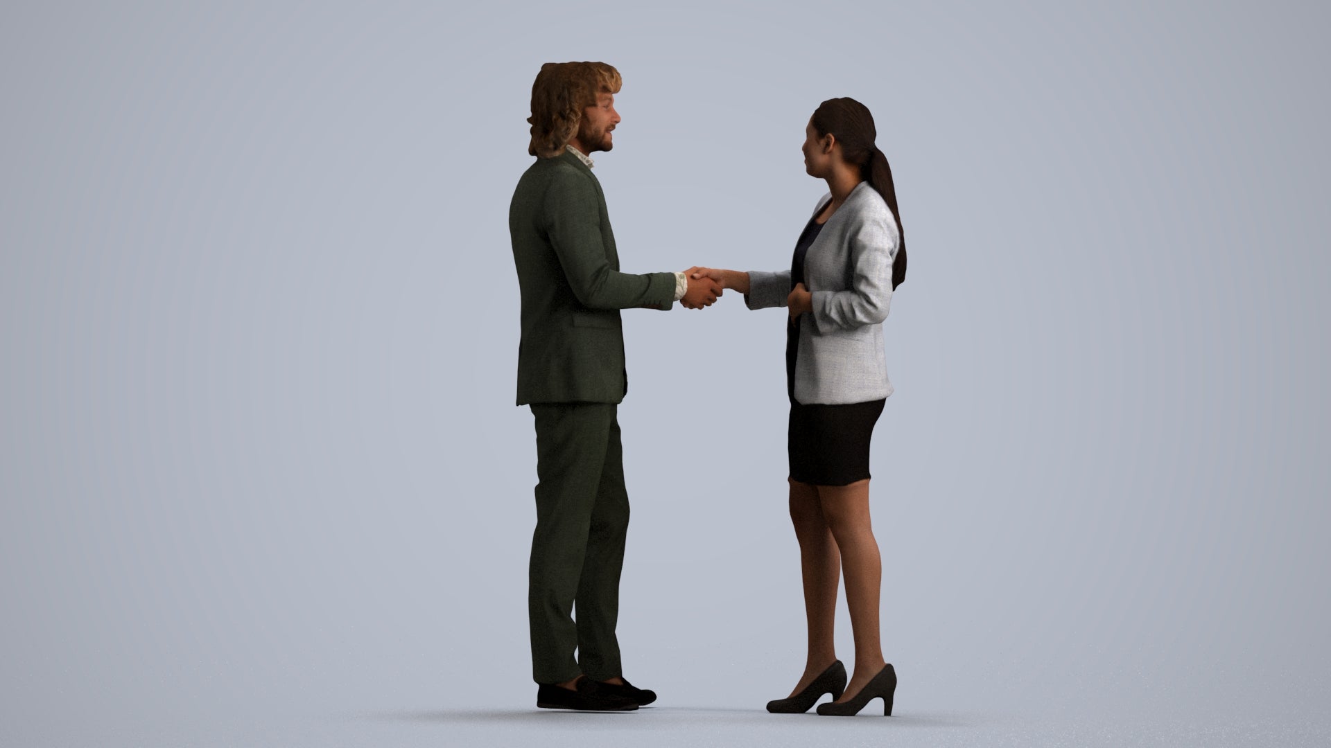 3D human model woman business, photogrammetry scanned person for archviz, front view render