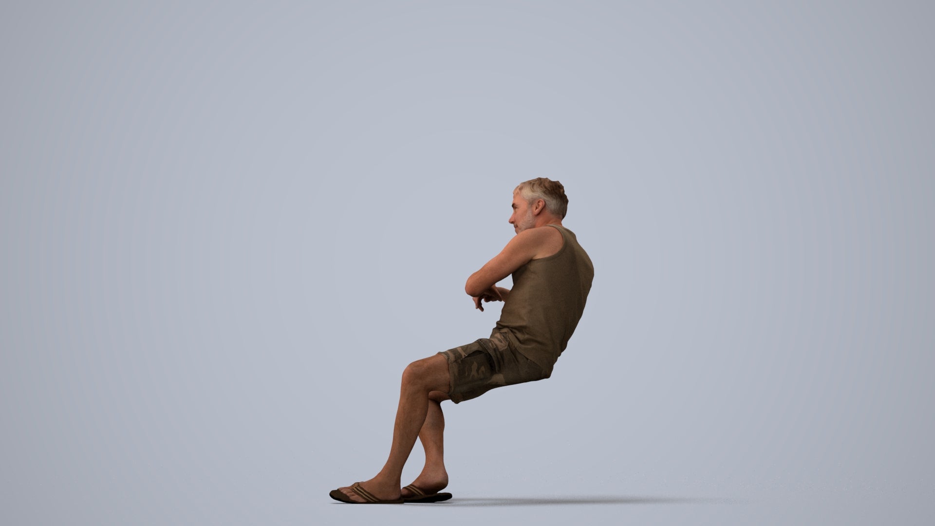 3D scanned man sitting casual, photorealistic archviz people for Enscape and SketchUp, three-quarter view render