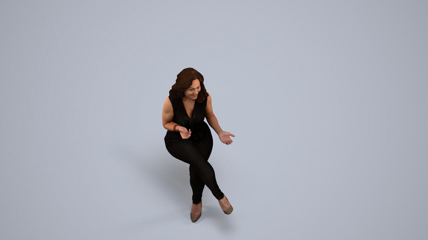 3D human model woman casual sitting, photogrammetry scanned person for archviz, back view render