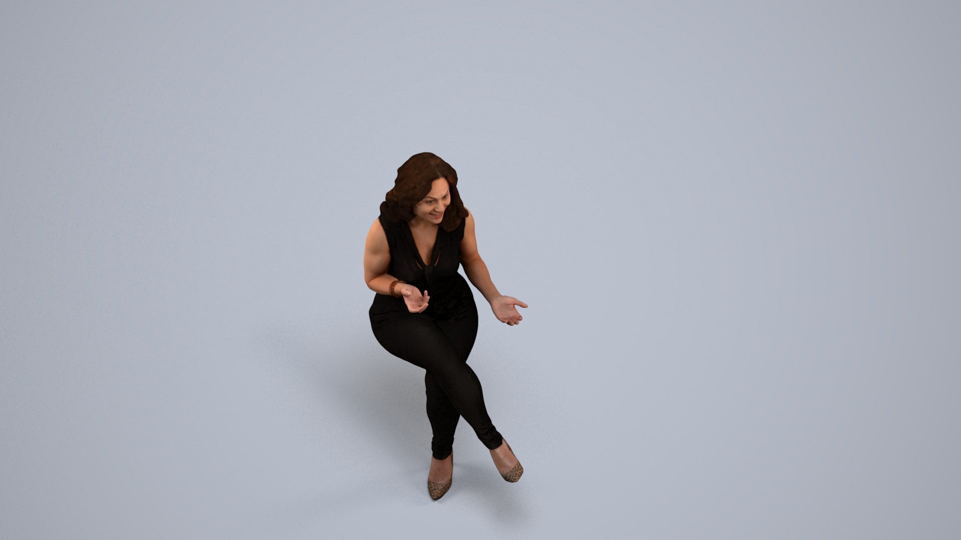 3D human model woman casual sitting, photogrammetry scanned person for archviz, back view render