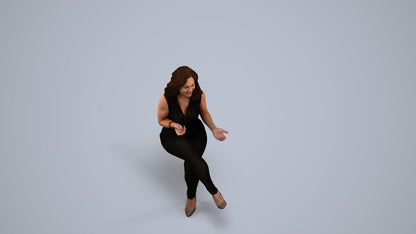 3D human model woman casual sitting, photogrammetry scanned person for archviz, back view render