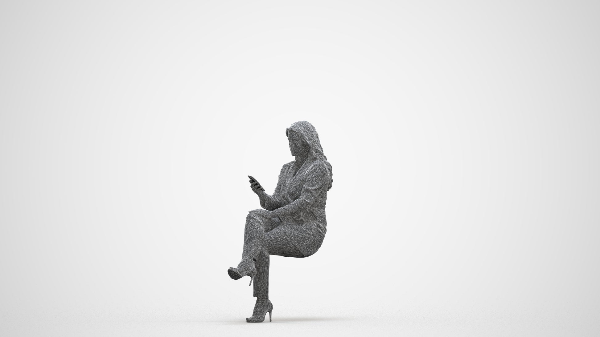 photogrammetry 3D woman business sitting, realistic human model archviz FBX, three-quarter front view render