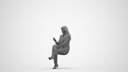 photogrammetry 3D woman business sitting, realistic human model archviz FBX, three-quarter front view render