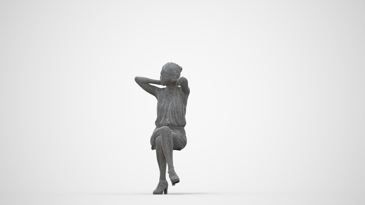 realistic 3D woman casual sitting, scanned archviz people for Blender and 3ds Max, wireframe back view