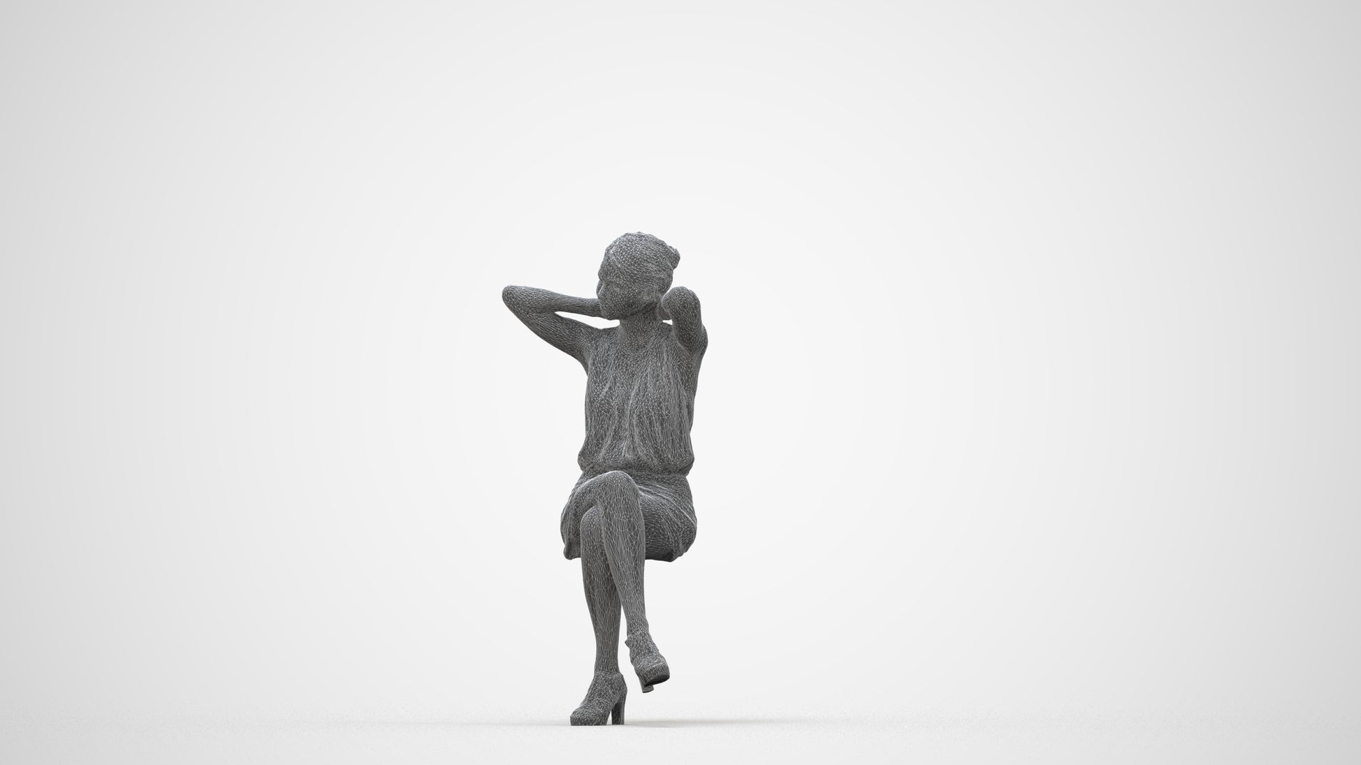 realistic 3D woman casual sitting, scanned archviz people for Blender and 3ds Max, wireframe back view