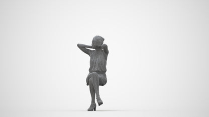realistic 3D woman casual sitting, scanned archviz people for Blender and 3ds Max, wireframe back view