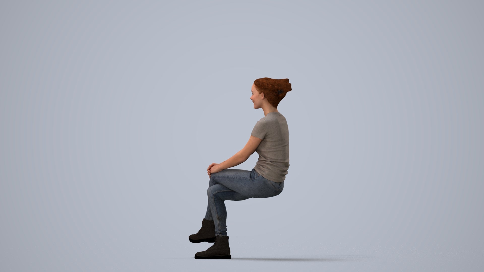 3D human model woman casual sitting, photogrammetry scanned person for archviz, three-quarter view render