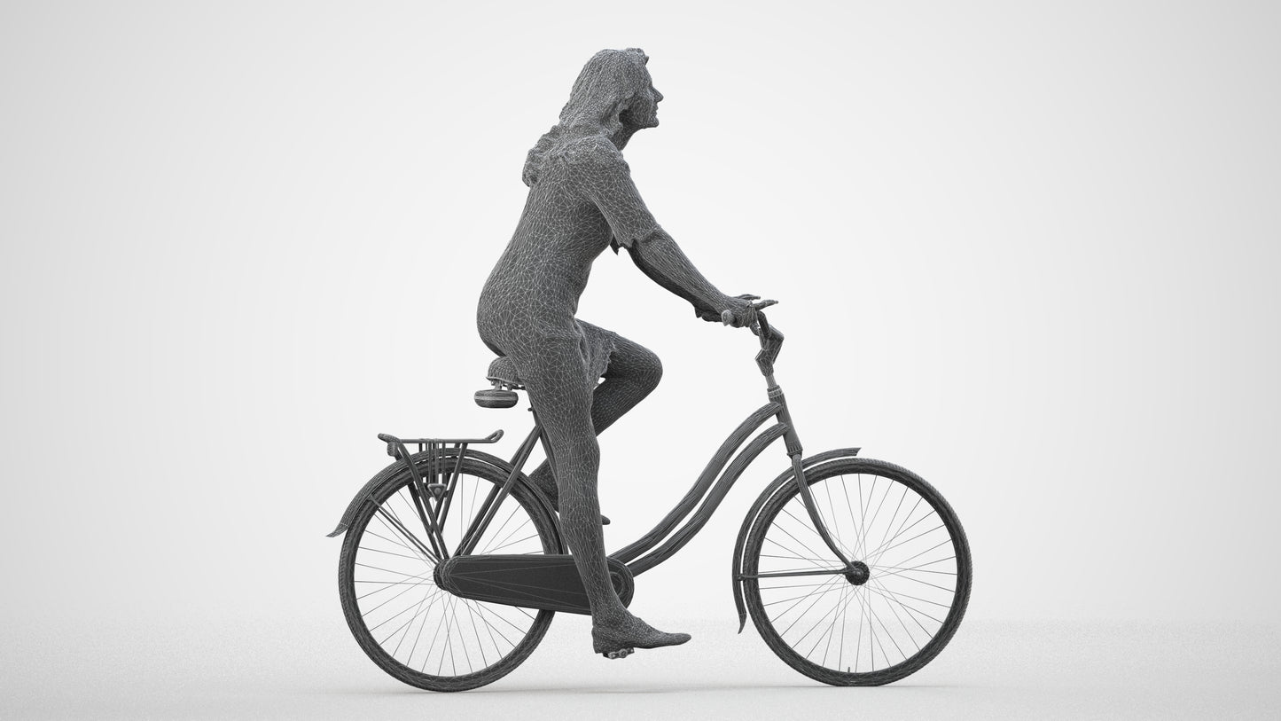 3D people model senior woman casual cycling, scanned human for 3ds Max rendering, wireframe side view