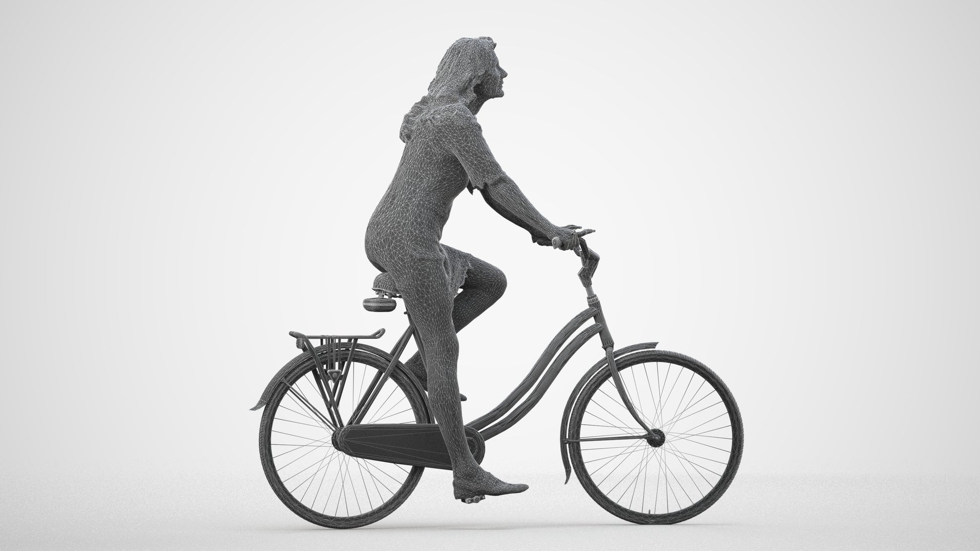 3D people model senior woman casual cycling, scanned human for 3ds Max rendering, wireframe side view
