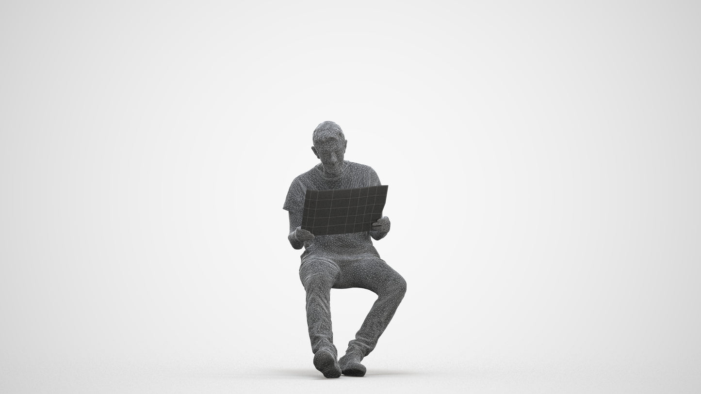 realistic 3D people senior man casual sitting, render-ready for V-Ray and Corona, FBX OBJ, three-quarter front view render